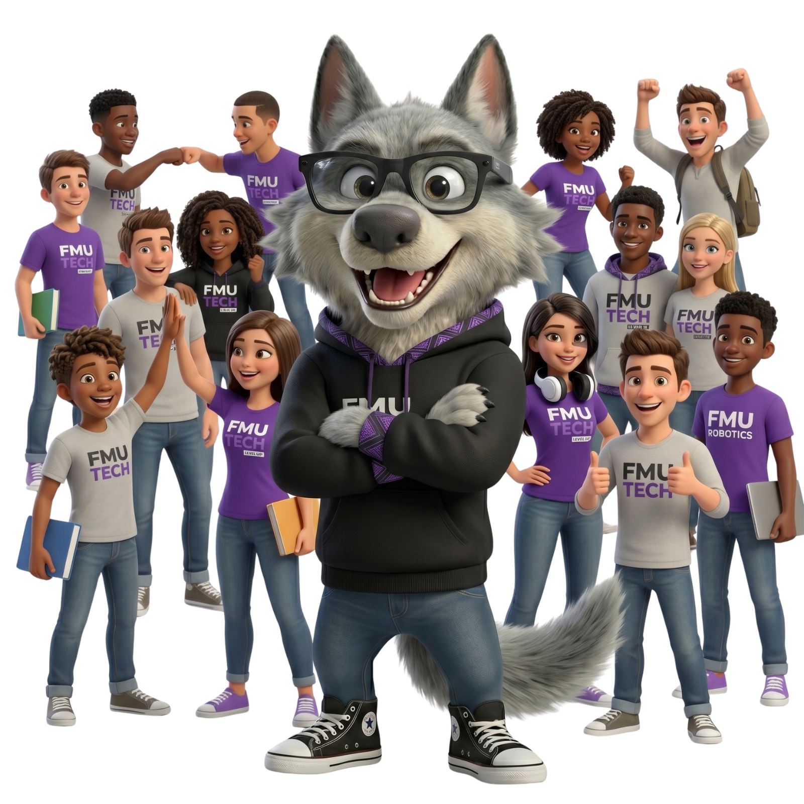 Mascote do FMU Tech cercado por estudantes vestindo camisetas FMU Tech, comemorando em equipe