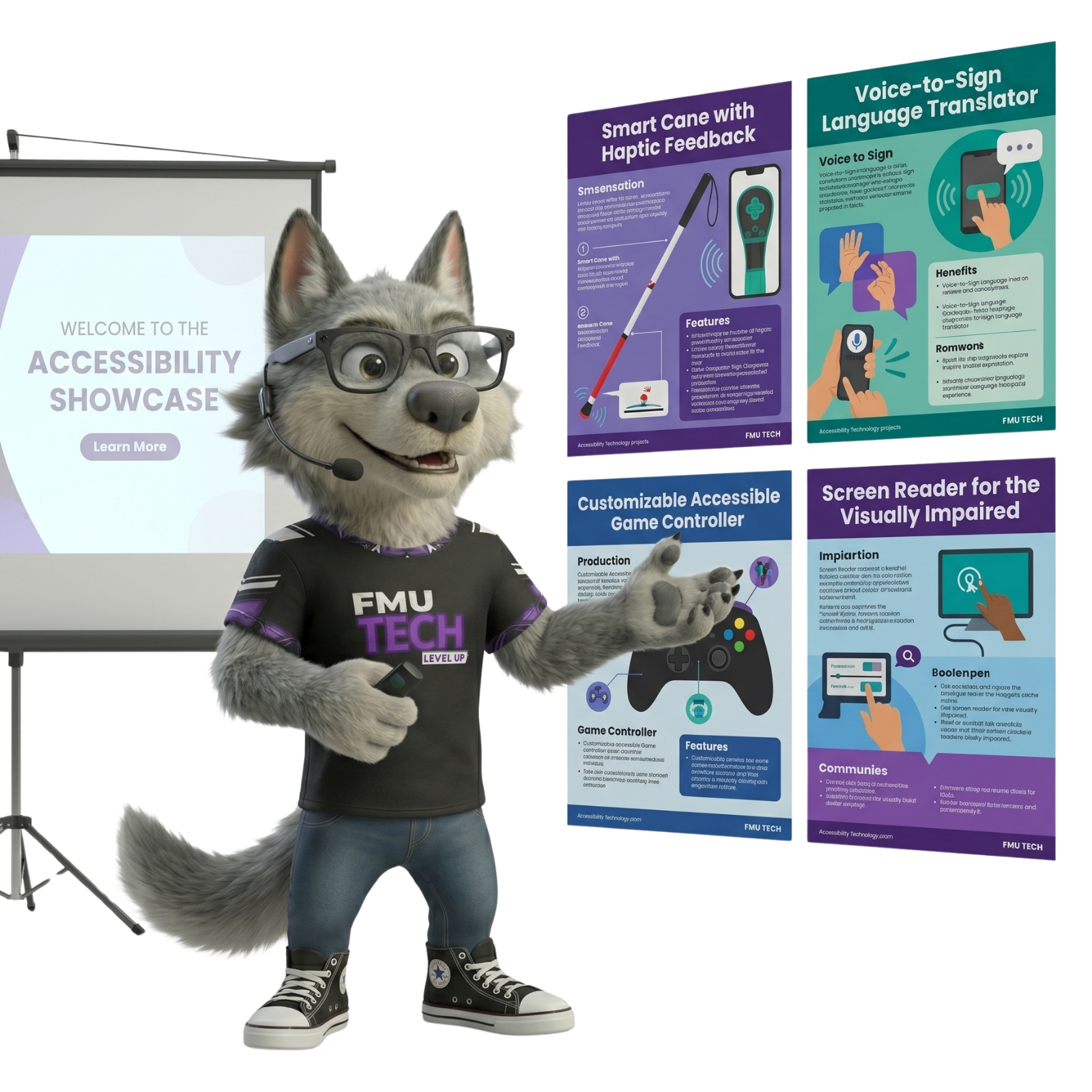 Mascote do FMU Tech apresentando pôsteres de projetos de tecnologia assistiva