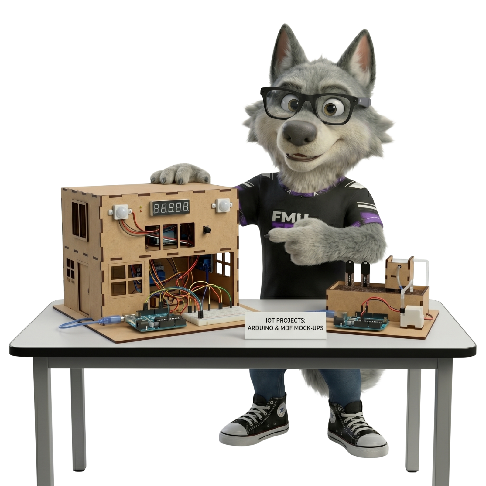 Mascote do FMU Tech apresentando maquetes de projetos IoT com Arduino e MDF